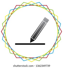 Pencil sign illustration. Vector. Black icon with patch of light inside colorful hexagonal frames at white background.
