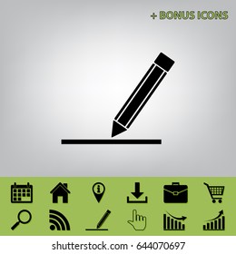Pencil sign illustration. Vector. Black icon at gray background with bonus icons at celery ones