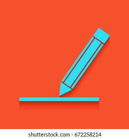Pencil sign illustration. Vector. Blue icon with soft shadow putted down on flamingo background.