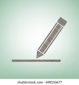 Pencil sign illustration. Vector. Brown flax icon on green background with light spot at the center.