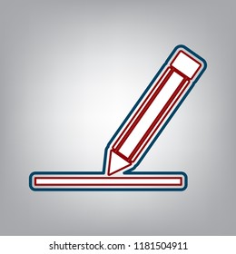 Pencil sign illustration. Vector. Dark red, transparent and midnight green stroke of white icon at grayish background.