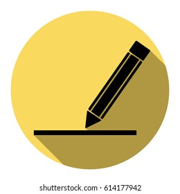 Pencil sign illustration. Vector. Flat black icon with flat shadow on royal yellow circle with white background. Isolated.