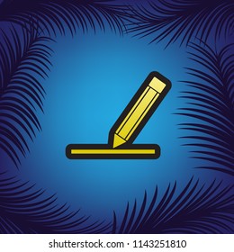 Pencil sign illustration. Vector. Golden icon with black contour at blue background with branches of palm trees.