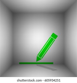 Pencil sign illustration. Vector. Green icon with shadow in the room.