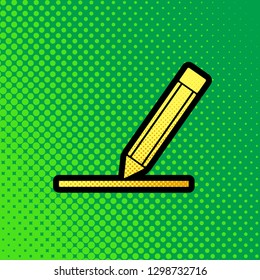 Pencil sign illustration. Vector. Pop art orange to yellow dots-gradient icon with black contour at greenish background.