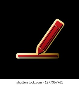 Pencil sign illustration. Vector. Red icon with small black and limitless shadows at golden sticker on black background.