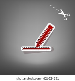 Pencil sign illustration. Vector. Red icon with for applique from paper with shadow on gray background with scissors.