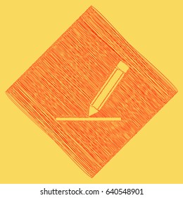 Pencil sign illustration. Vector. Red scribble icon obtained as a result of subtraction rhomb and path. Royal yellow background.