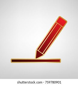 Pencil sign illustration. Vector. Red icon on gold sticker at light gray background.