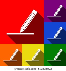 Pencil sign illustration. Vector. Set of icons with flat shadows at red, orange, yellow, green, blue and violet background.