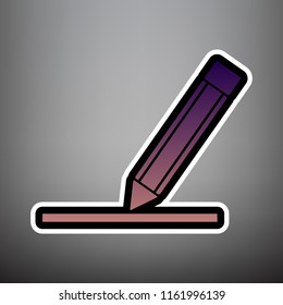 Pencil sign illustration. Vector. Violet gradient icon with black and white linear edges at gray background.