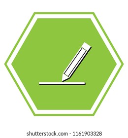 Pencil sign illustration. Vector. White icon with black shadow at yellow green honeycomb on white background.