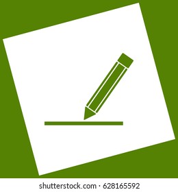 Pencil sign illustration. Vector. White icon obtained as a result of subtraction rotated square and path. Avocado background.