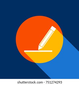 Pencil sign illustration. Vector. White icon on tangelo circle with infinite shadow of light at cool black background. Selective yellow and bright navy blue are produced.