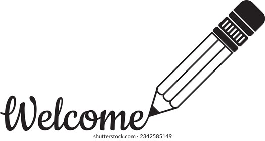 Pencil silhouette drawing the word Welcom professionally written on a white background