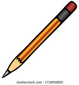 The pencil is simple. At the end there is an eraser in a clip. A tool for drawing, marking, sketching. Colored vector illustration. Isolated white background. Cartoon style. Graphite lead. Pencil.