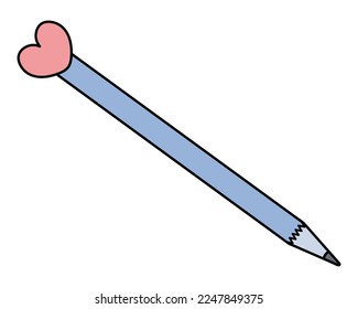 The pencil is simple. At the end there is an eraser in the shape of a pink heart. Color vector illustration. A tool for drawing, marking, sketching, recording love thoughts. Isolated background. 