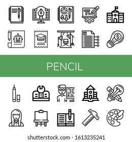 pencil simple icons set. Contains such icons as Notebook, Plan, Graphic design, College, Sketchbook, Studio, Mathematics, Writing, School, can be used for web, mobile and logo