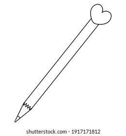The pencil is simple. Sketch. At the end there is a heart-shaped eraser. Vector illustration. Coloring book for children. A tool for drawing, marking up, sketching, recording love thoughts. 