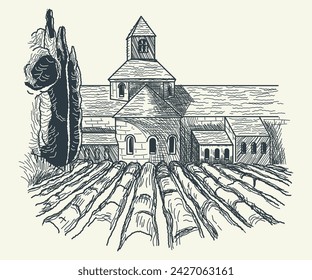 Pencil sketch with agricultural field and aged countryside mansion. Beauty of rural life, blending the simplicity of farmstead with elegance of vintage homestead. Evoking sense of pastoral tranquility