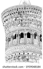 Pencil sketch of an ancient minaret in Bukhara. Kalyan minaret of Bukhara, Uzbekistan. Islamic architecture 