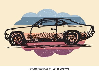 Pencil Sketch Art Car Vector in Colorful Vintage Background for Tshirt and other Print Template Design