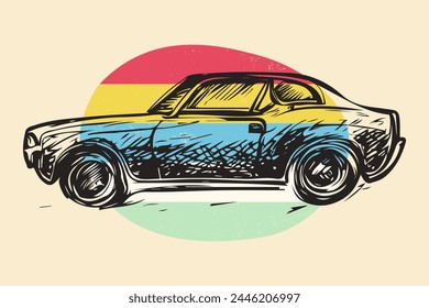 Pencil Sketch Art Car Vector in Colorful Vintage Background for Tshirt and other Print Template Design