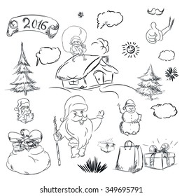 Pencil sketch for christmas with christmas tree and house. Hand drawn scribble shapes, santa claus, package, gift and other things. A set of doodle line drawings. Vector new year design elements