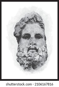 Pencil sketch drawing of the Colossal head of a statue of Zeus. Marble. Poster, Wall Decoration, Postcard, Social Media Banner, Brochure Cover Design Background. Vector Pattern.