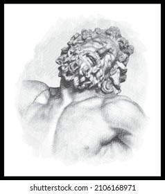 Pencil sketch drawing detail of the Laocoon (Laocoön) and his Sons. Famous ancient sculpture. Poster, Wall Decoration, Postcard, Social Media Banner, Brochure Cover Design Background. Vector Pattern.