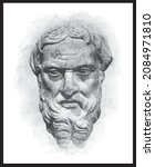 Pencil sketch drawing of the Herodotus ancient greek historian and writer. (c. 484 BC - c. 425 BC). Poster, Wall Decoration, Postcard, Social Media Banner, Brochure, Background. Vector Pattern.