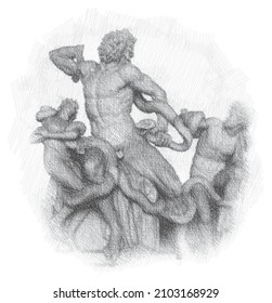 Pencil sketch drawing of the Laocoon (Laocoön) and his Sons. Famous ancient sculpture. Poster, Wall Decoration, Postcard, Social Media Banner, Brochure Cover Design Background. Vector Pattern.