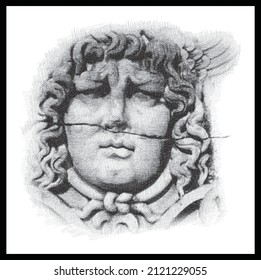 Pencil sketch drawing of the Medusa head. Stone carved. Poster, Wall Decoration, Postcard, Social Media Banner, Brochure Cover Design Background. Vector Pattern.