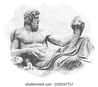 Pencil sketch drawing of the statue of the river god Tiberinus. Piazza del Campidiglio, Rome. Poster, Wall Decoration, Postcard, Social Media Banner, Brochure Cover Design Background. Vector Pattern.