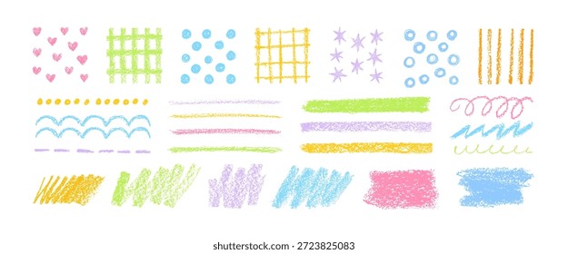 Pencil sketch elements. Grunge chalk texture. Crayon pattern with sketch stroke, heart, star, dots, swirl line. Charcoal stain, textured scribble background. Vector set.