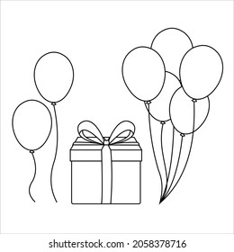 pencil sketch of gift box and balloons for birthday, picture to color
