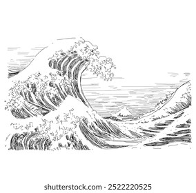 pencil sketch The Great Wave off Kanagawa drawing pen line style draw different colors famous artist work 