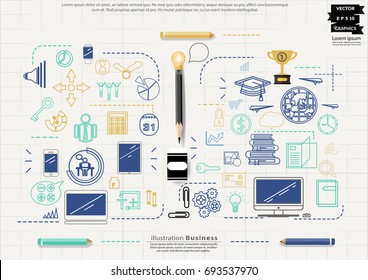 Pencil Sketch  -  Icon Business -  modern Idea and Concept Vector illustration Business  with  Computer, Cellphone, Tablet, Laptop,Watch, trophy,world,cog,book,Light bulbs,key,Magnifying glass.