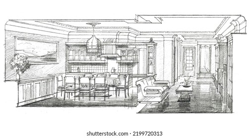 Pencil sketch of the interior of an apartment. Hand drawing, vector illustration