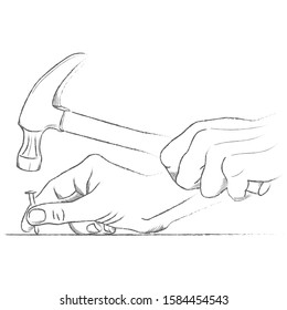 Pencil sketch of man hammers the nail. Vector hand drawn illustration isolated on white background. Male hands holding hammer and nail. Construction and repair, tool shop design