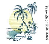 pencil sketch palm tree graphics. Sunset beach art. beach illustration drawing. Hand Drawing beach illustration in vector. tropical palm tree paradise. summer beach t shirt design. summer poster des
