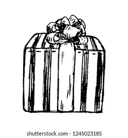Pencil sketch of present box with a bow and ribbon, hand-drawn vector vintage illustration, sketch illustration.