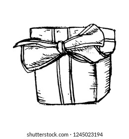 Pencil sketch of present box with a bow and ribbon, hand-drawn vector vintage illustration, sketch illustration.