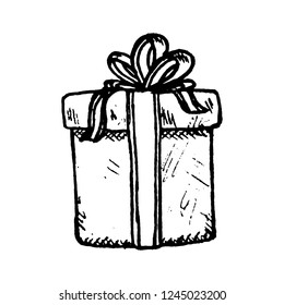 Pencil sketch of present box with a bow and ribbon, hand-drawn vector vintage illustration, sketch illustration.