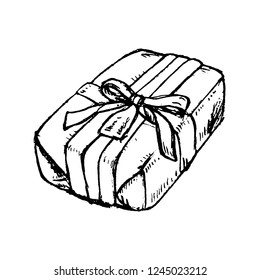 Pencil sketch of present box with a bow and ribbon, hand-drawn vector vintage illustration, sketch illustration.
