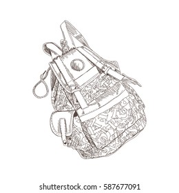 Pencil sketch school backpack. Hand drawn vector illustration isolated white background.