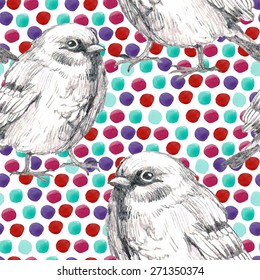 pencil sketch seamless pattern with bird sparrow and watercolor drops. Polka dot