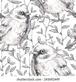 pencil sketch seamless pattern with flowers and bird sparrow