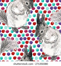 pencil sketch seamless pattern with squirrel and watercolor drops