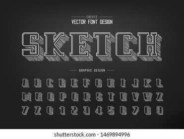 Pencil sketch shadow bold font and alphabet vector, Chalk script and number design, Hand drawn graphic text on blackboard background